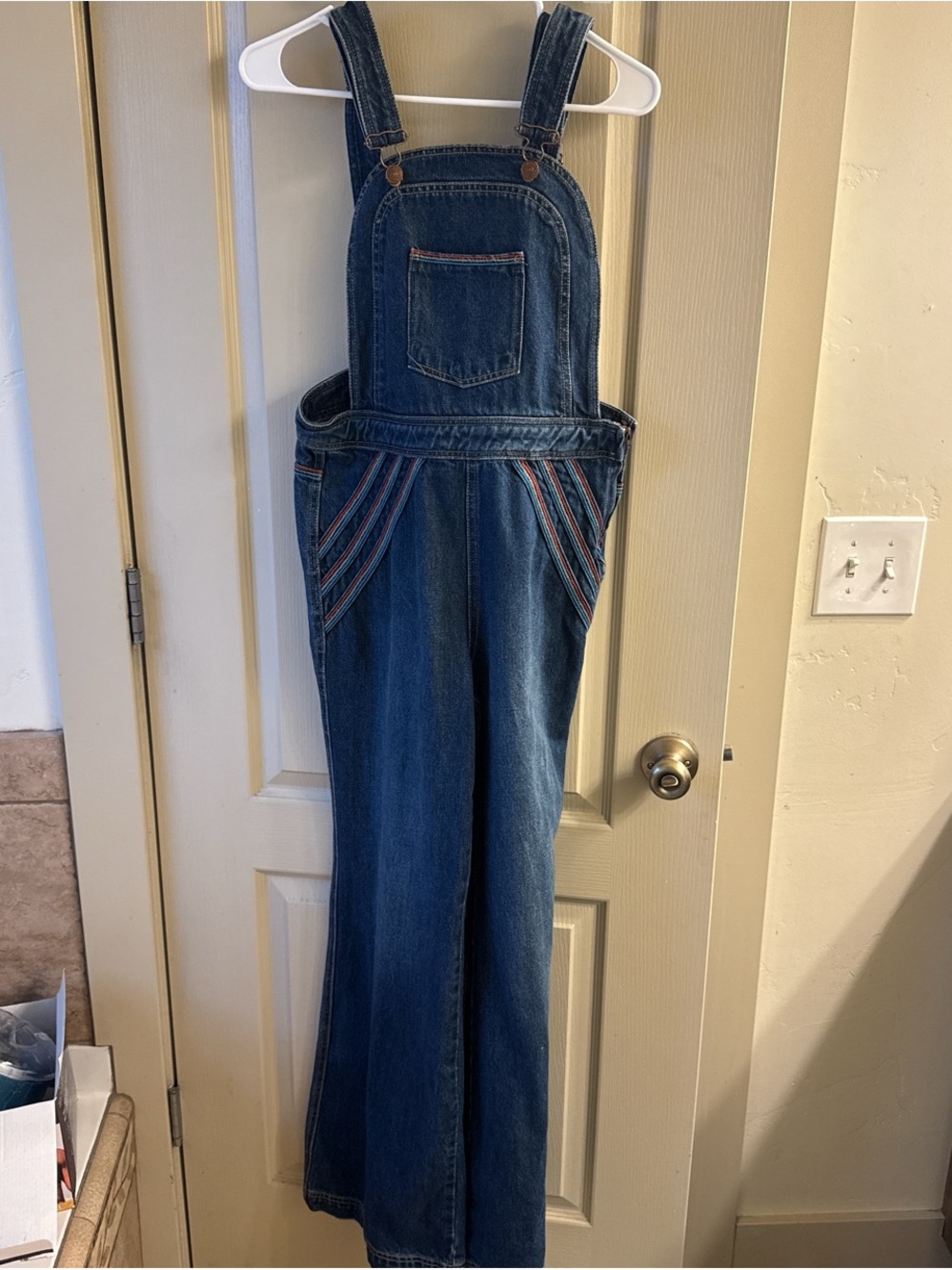 We The Free chasing rainbows 🌈 Blue Denim Striped-Trim Overalls Jumpsuit - Picture 3 of 5